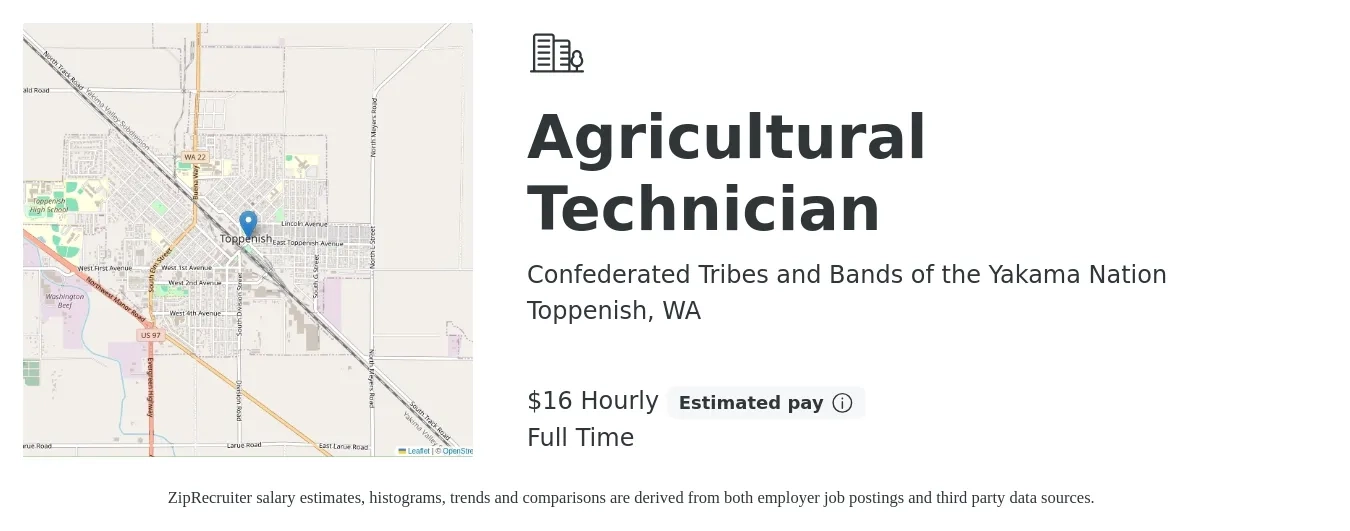 Confederated Tribes and Bands of the Yakama Nation job posting for a Agricultural Technician in Toppenish, WA with a salary of $17 Hourly with a map of Toppenish location.