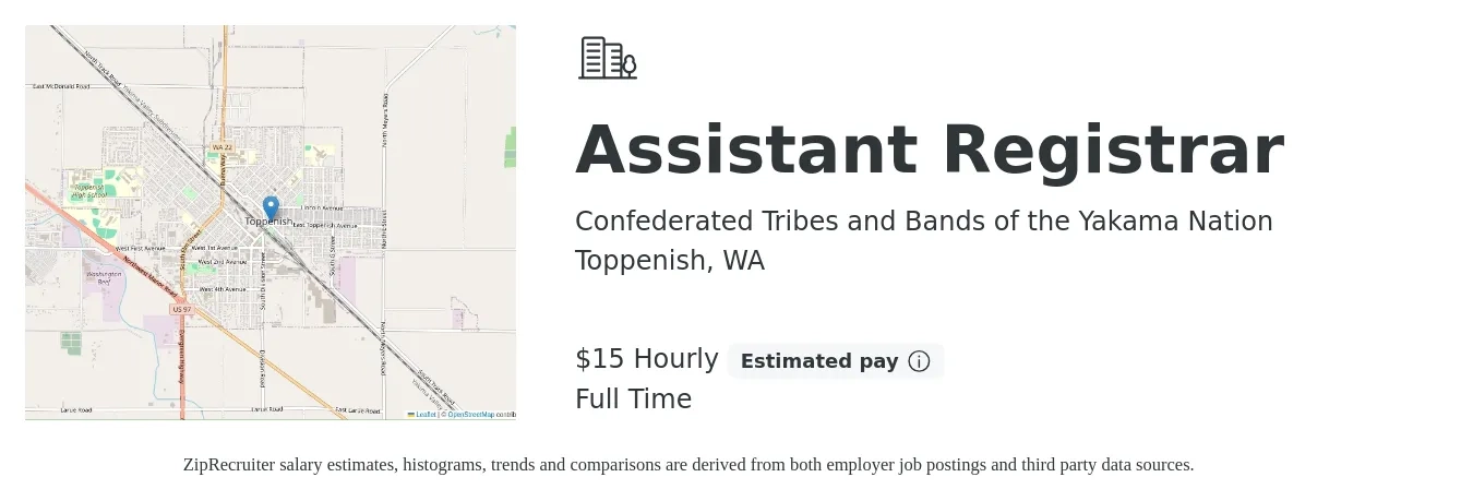Confederated Tribes and Bands of the Yakama Nation job posting for a Assistant Registrar in Toppenish, WA with a salary of $16 Hourly with a map of Toppenish location.