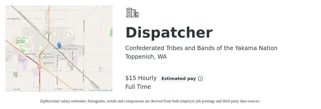 Confederated Tribes and Bands of the Yakama Nation job posting for a Dispatcher in Toppenish, WA with a salary of $17 Hourly with a map of Toppenish location.
