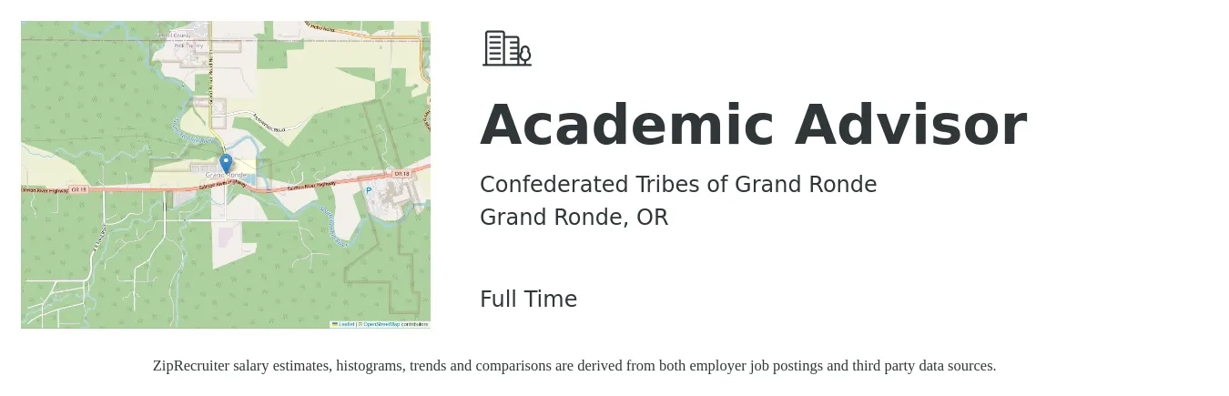 Confederated Tribes of Grand Ronde job posting for a Academic Advisor in Grand Ronde, OR with a salary of $48,700 to $59,700 Yearly with a map of Grand Ronde location.