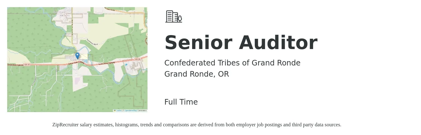 Confederated Tribes of Grand Ronde job posting for a Senior Auditor in Grand Ronde, OR with a salary of $93,900 to $115,300 Yearly with a map of Grand Ronde location.