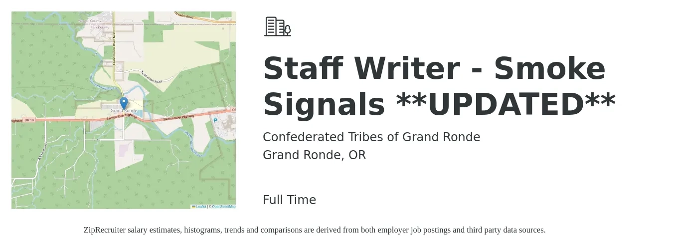 Confederated Tribes of Grand Ronde job posting for a Staff Writer - Smoke Signals **UPDATED** in Grand Ronde, OR with a salary of $54,500 to $75,300 Yearly with a map of Grand Ronde location.
