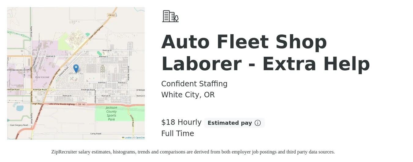 Confident Staffing job posting for a Auto Fleet Shop Laborer - Extra Help in White City, OR with a salary of $19 Hourly with a map of White City location.