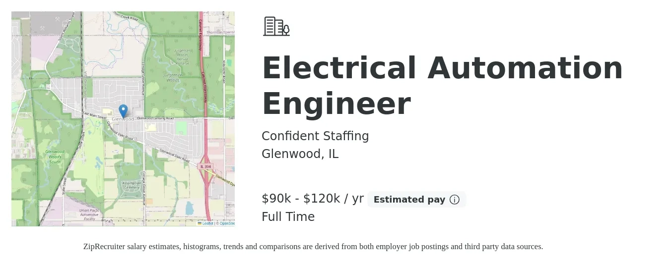 Confident Staffing job posting for a Electrical Automation Engineer in Glenwood, IL with a salary of $90,000 to $120,000 Yearly with a map of Glenwood location.