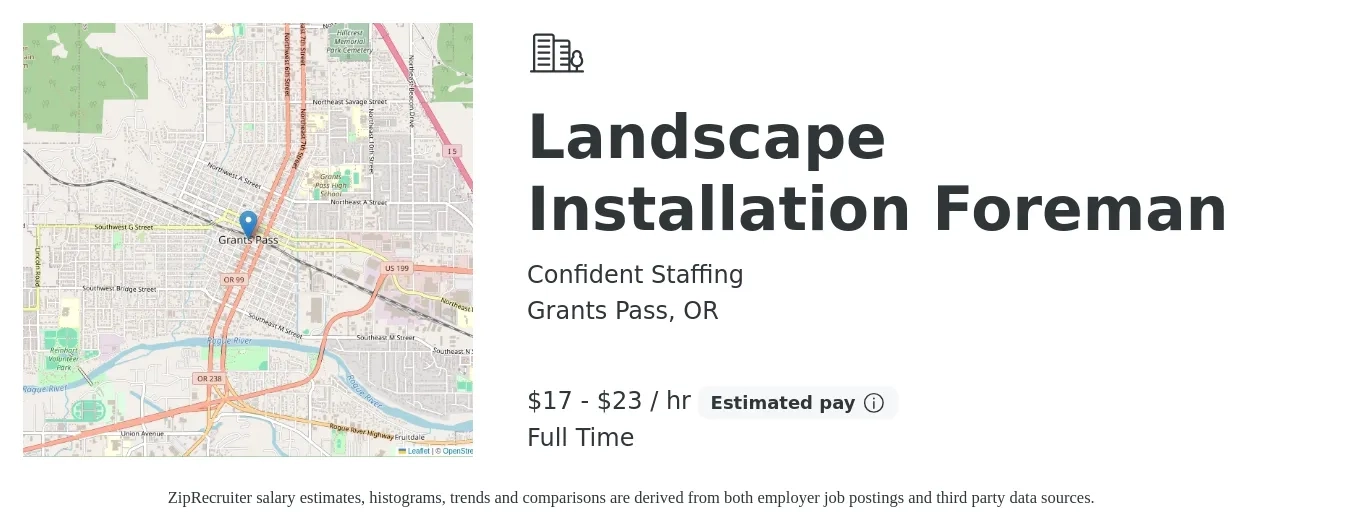 Confident Staffing job posting for a Landscape Installation Foreman in Grants Pass, OR with a salary of $18 to $24 Hourly with a map of Grants Pass location.
