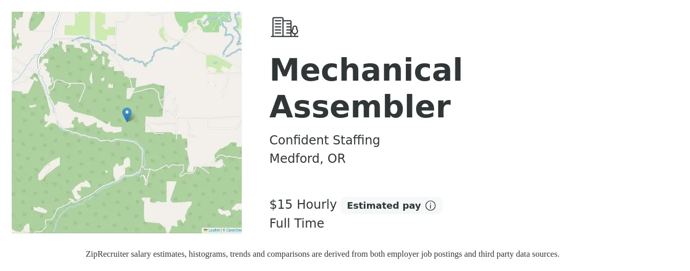 Confident Staffing job posting for a Mechanical Assembler in Medford, OR with a salary of $16 Hourly with a map of Medford location.