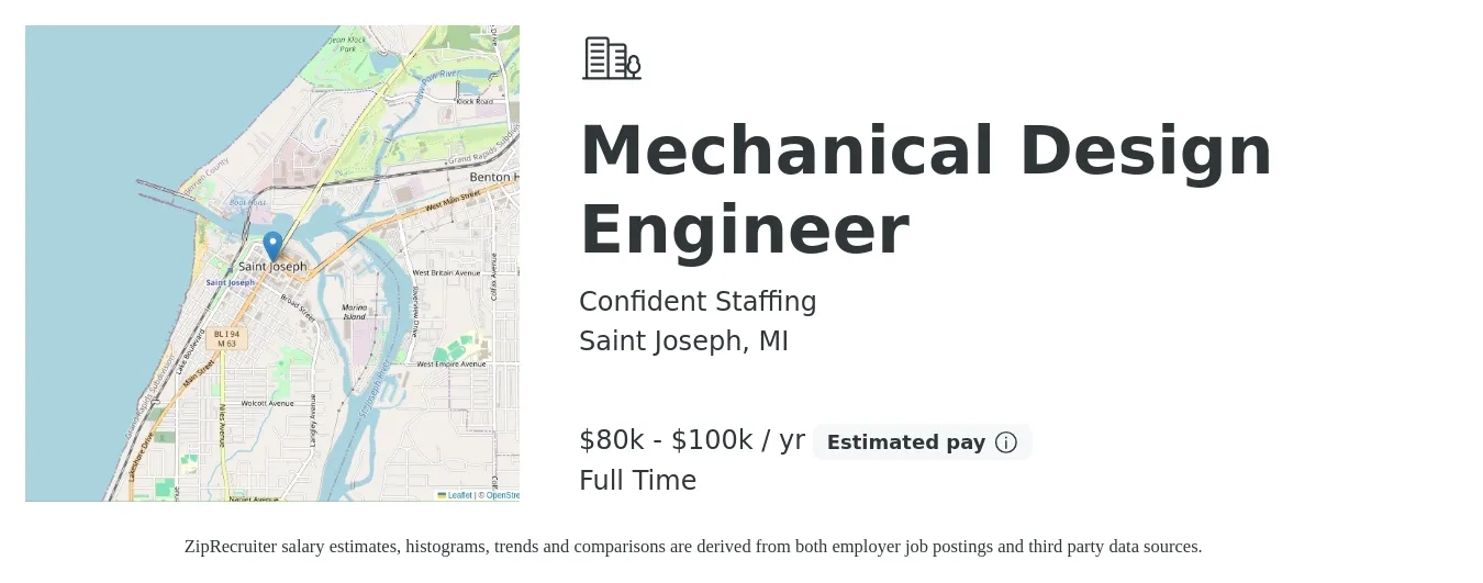 Confident Staffing job posting for a Mechanical Design Engineer in Saint Joseph, MI with a salary of $80,000 to $100,000 Yearly with a map of Saint Joseph location.