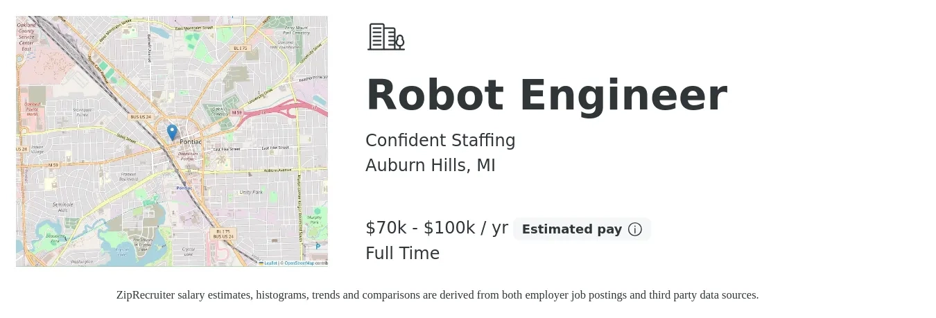 Confident Staffing job posting for a Robot Engineer in Auburn Hills, MI with a salary of $70,000 to $100,000 Yearly with a map of Auburn Hills location.