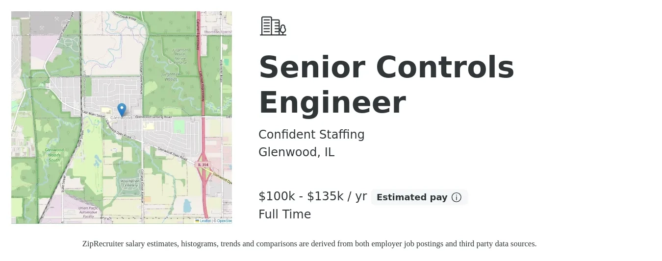 Confident Staffing job posting for a Senior Controls Engineer in Glenwood, IL with a salary of $100,000 to $135,000 Yearly with a map of Glenwood location.