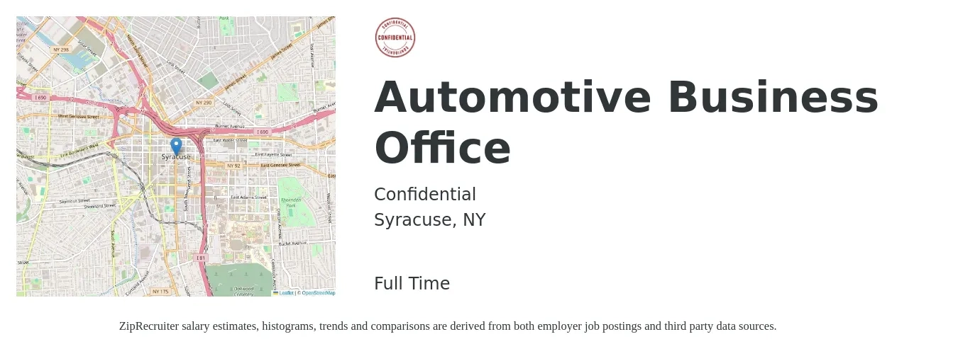Confidential job posting for a Automotive Business Office in Syracuse, NY with a salary of $18 to $26 Hourly with a map of Syracuse location.