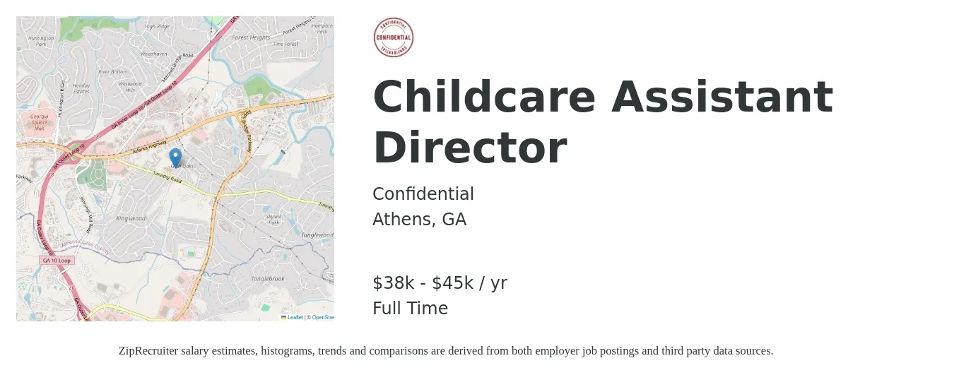 Confidential job posting for a Childcare Assistant Director in Athens, GA with a salary of $38,000 to $45,000 Yearly with a map of Athens location.