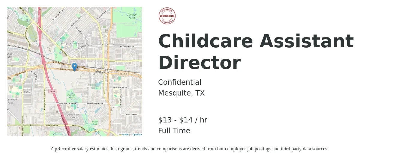 Confidential job posting for a Childcare Assistant Director in Mesquite, TX with a salary of $14 to $15 Hourly with a map of Mesquite location.