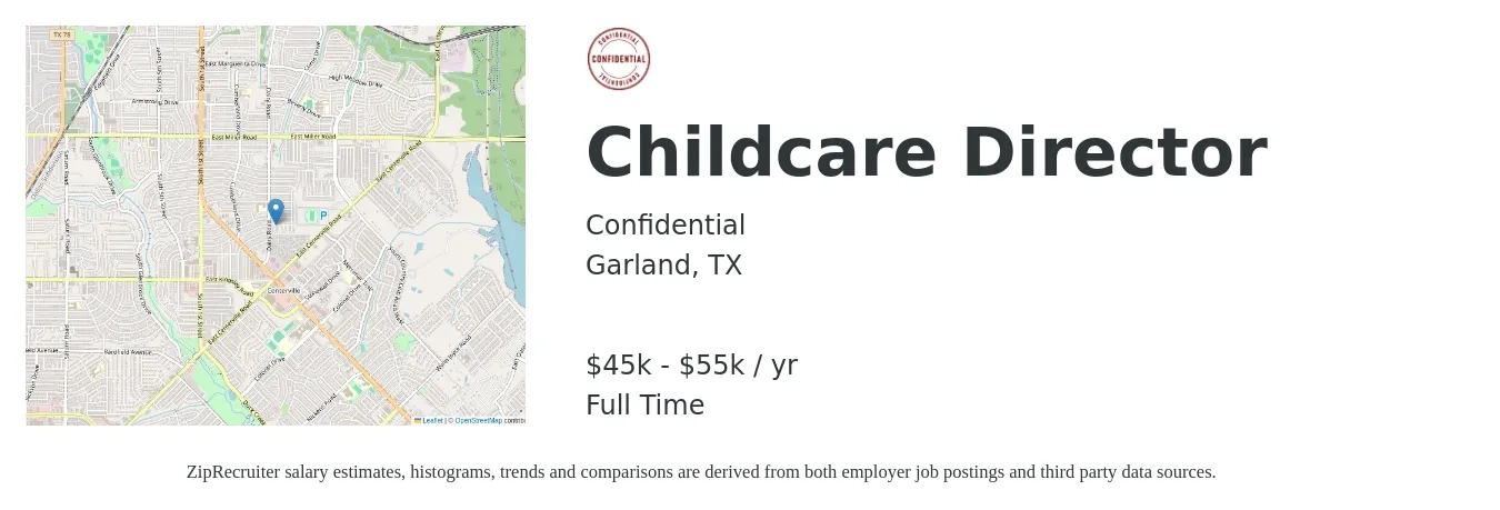 Confidential job posting for a Childcare Director in Garland, TX with a salary of $45,000 to $55,000 Yearly with a map of Garland location.