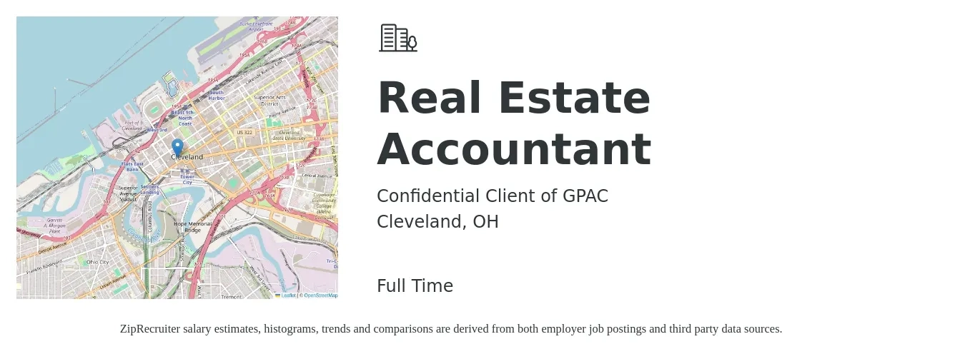 Confidential Client of GPAC job posting for a Real Estate Accountant in Cleveland, OH with a salary of $59,700 to $81,000 Yearly with a map of Cleveland location.
