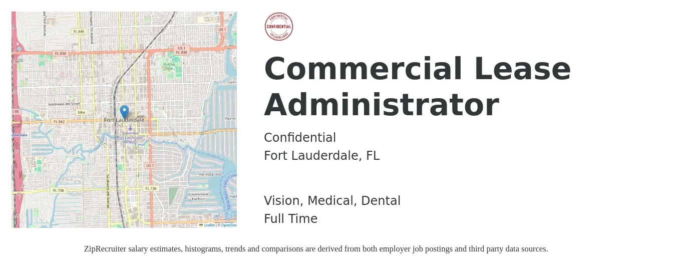 Confidential job posting for a Commercial Lease Administrator in Fort Lauderdale, FL with a salary of $65,500 to $75,000 Yearly and benefits including dental, medical, retirement, and vision with a map of Fort Lauderdale location.