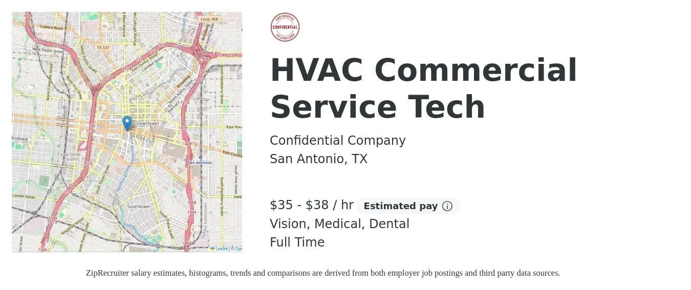 Confidential Company job posting for a HVAC Commercial Service Tech in San Antonio, TX with a salary of $37 to $40 Hourly and benefits including pto, retirement, vision, dental, life_insurance, and medical with a map of San Antonio location.