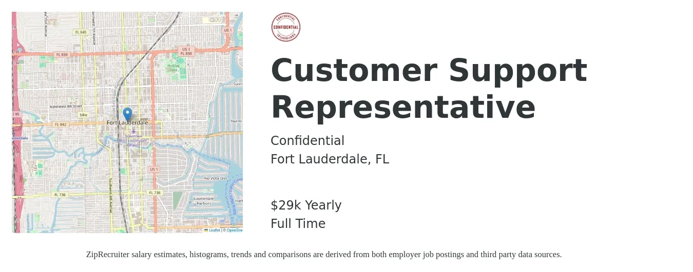 Confidential job posting for a Customer Support Representative in Fort Lauderdale, FL with a salary of $29,016 Yearly with a map of Fort Lauderdale location.