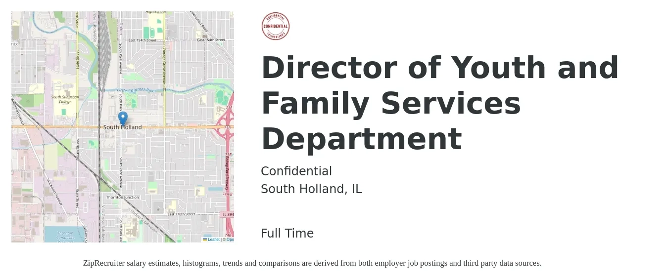 Confidential job posting for a Director of Youth and Family Services Department in South Holland, IL with a salary of $55,500 to $101,800 Yearly with a map of South Holland location.