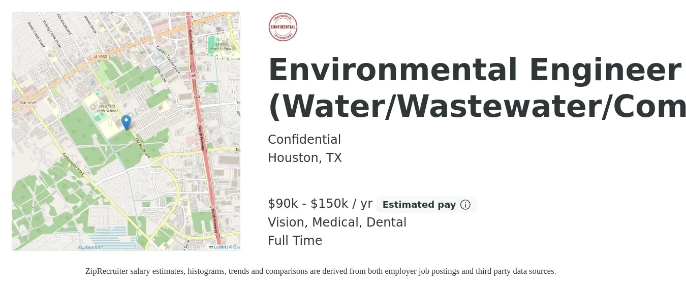 Confidential job posting for a Environmental Engineer - (Water/Wastewater/Commercial) in Houston, TX with a salary of $90,000 to $150,000 Yearly and benefits including dental, life_insurance, medical, retirement, and vision with a map of Houston location.