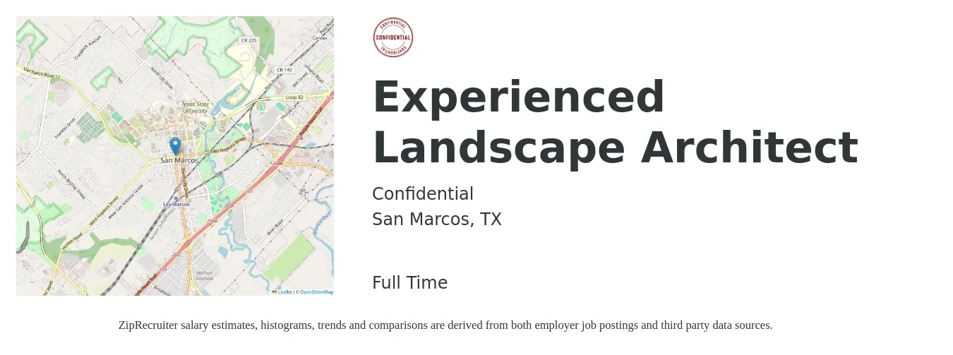 Confidential job posting for a Experienced Landscape Architect in San Marcos, TX with a salary of $66,100 to $91,000 Yearly with a map of San Marcos location.