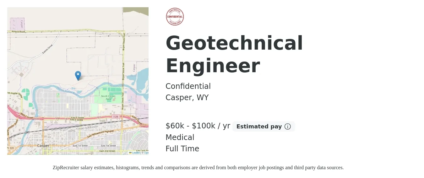 Confidential job posting for a Geotechnical Engineer in Casper, WY with a salary of $60,000 to $100,000 Yearly and benefits including medical, and pto with a map of Casper location.