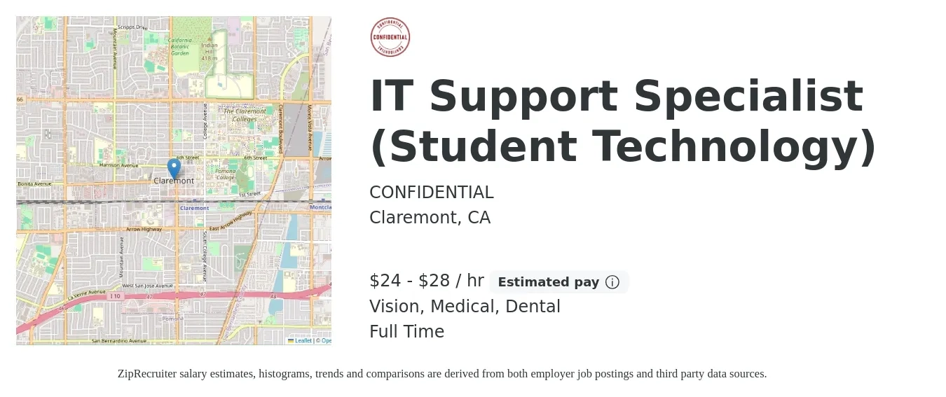 CONFIDENTIAL job posting for a IT Support Specialist (Student Technology) in Claremont, CA with a salary of $25 to $30 Hourly and benefits including vision, dental, and medical with a map of Claremont location.