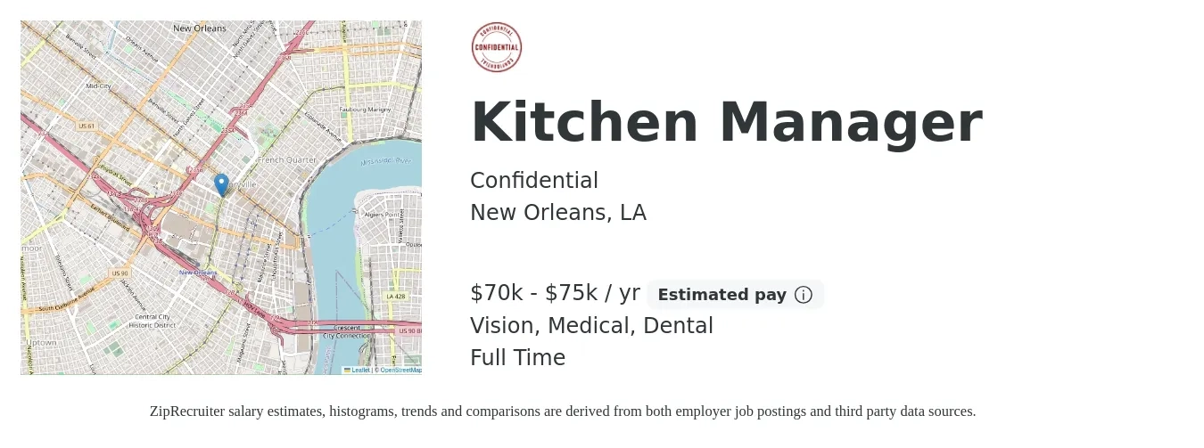 Confidential job posting for a Kitchen Manager in New Orleans, LA with a salary of $70,000 to $75,000 Yearly and benefits including vision, dental, life_insurance, and medical with a map of New Orleans location.