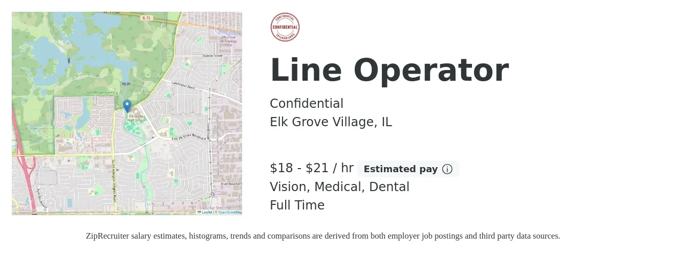 Confidential job posting for a Line Operator in Elk Grove Village, IL with a salary of $19 to $22 Hourly and benefits including medical, pto, retirement, vision, dental, and life_insurance with a map of Elk Grove Village location.