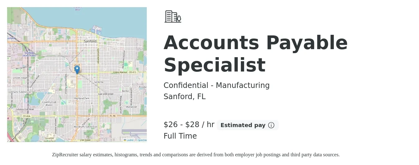 Confidential - Manufacturing job posting for a Accounts Payable Specialist in Sanford, FL with a salary of $28 to $30 Hourly with a map of Sanford location.