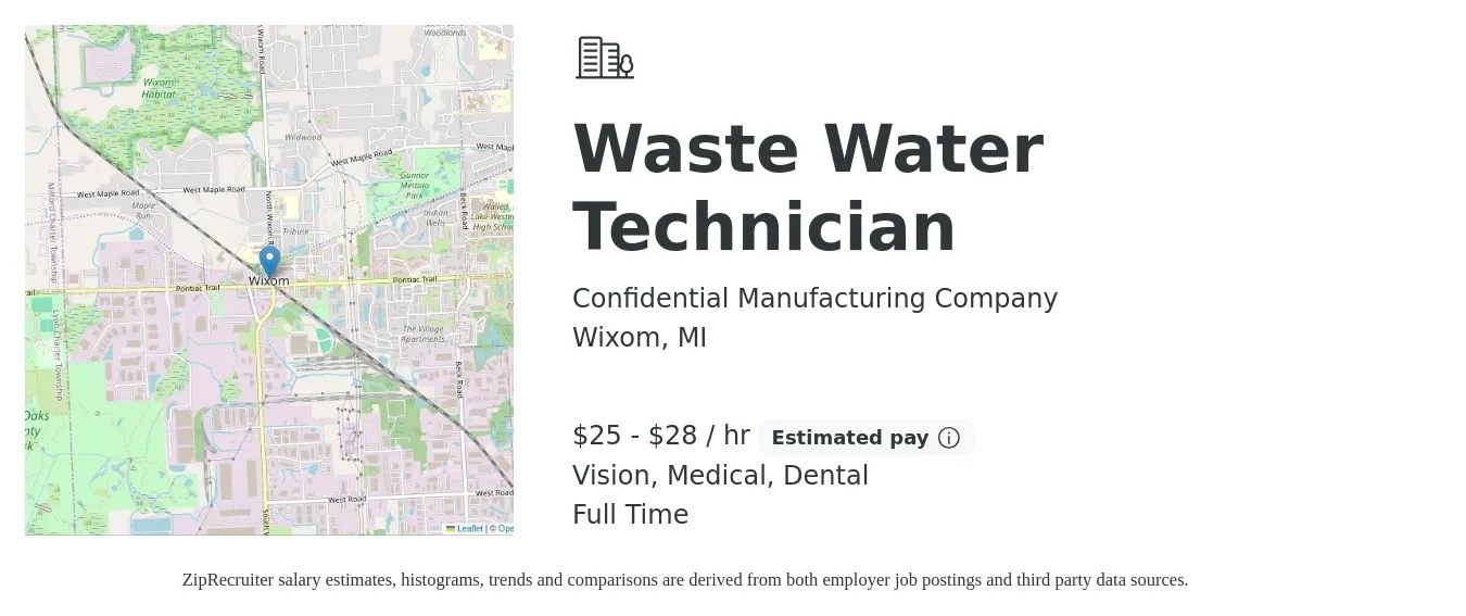 Confidential Manufacturing Company job posting for a Waste Water Technician in Wixom, MI with a salary of $26 to $30 Hourly and benefits including retirement, vision, dental, life_insurance, medical, and pto with a map of Wixom location.