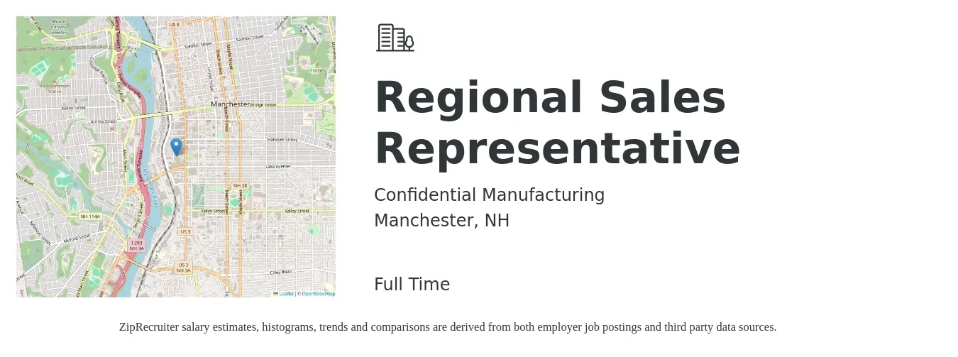 Confidential Manufacturing job posting for a Regional Sales Representative in Manchester, NH with a salary of $50,300 to $92,200 Yearly with a map of Manchester location.