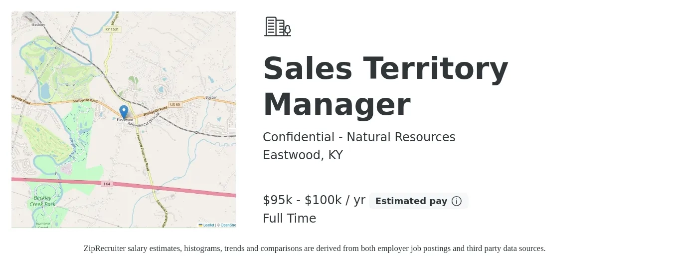 Confidential - Natural Resources job posting for a Sales Territory Manager in Eastwood, KY with a salary of $95,000 to $100,000 Yearly with a map of Eastwood location.
