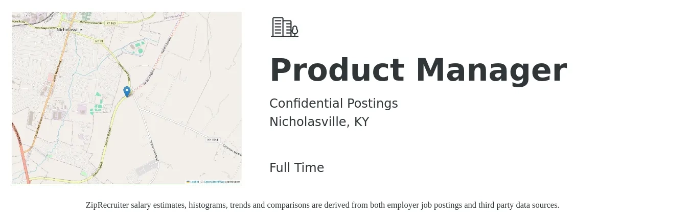 Confidential Postings job posting for a Product Manager in Nicholasville, KY with a salary of $124,700 to $174,200 Yearly with a map of Nicholasville location.