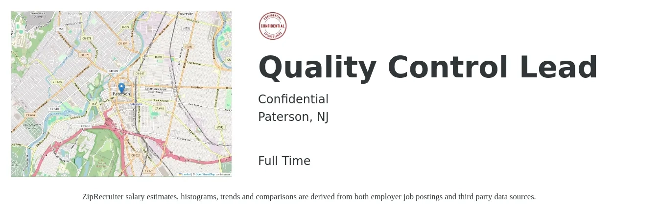 Confidential job posting for a Quality Control Lead in Paterson, NJ with a salary of $21 to $42 Hourly with a map of Paterson location.