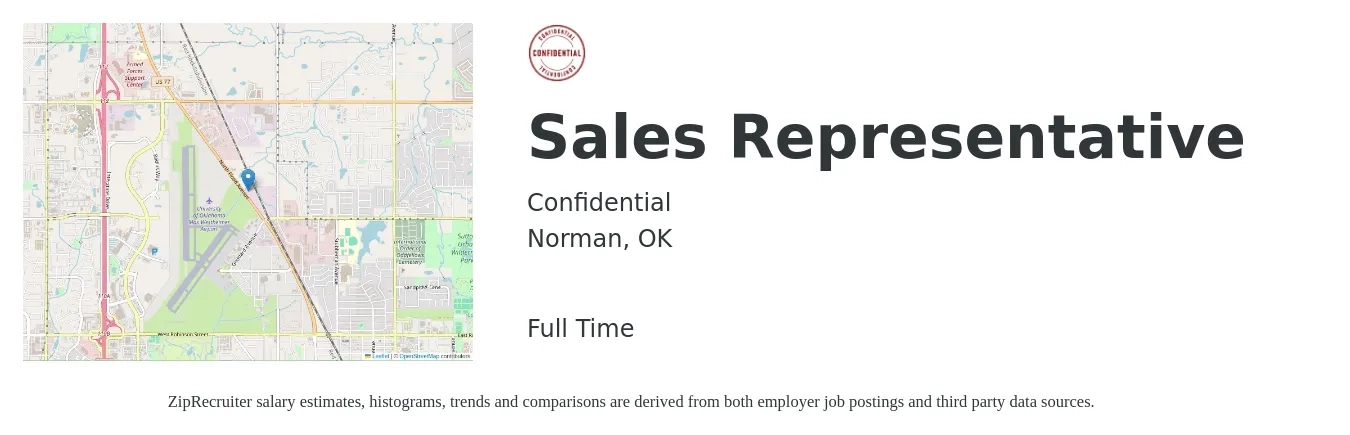 Confidential job posting for a Sales Representative in Norman, OK with a salary of $47,200 to $82,000 Yearly with a map of Norman location.