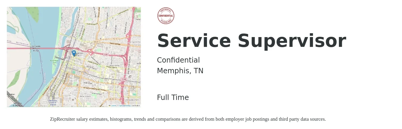 Confidential job posting for a Service Supervisor in Memphis, TN with a salary of $46,400 to $71,800 Yearly with a map of Memphis location.
