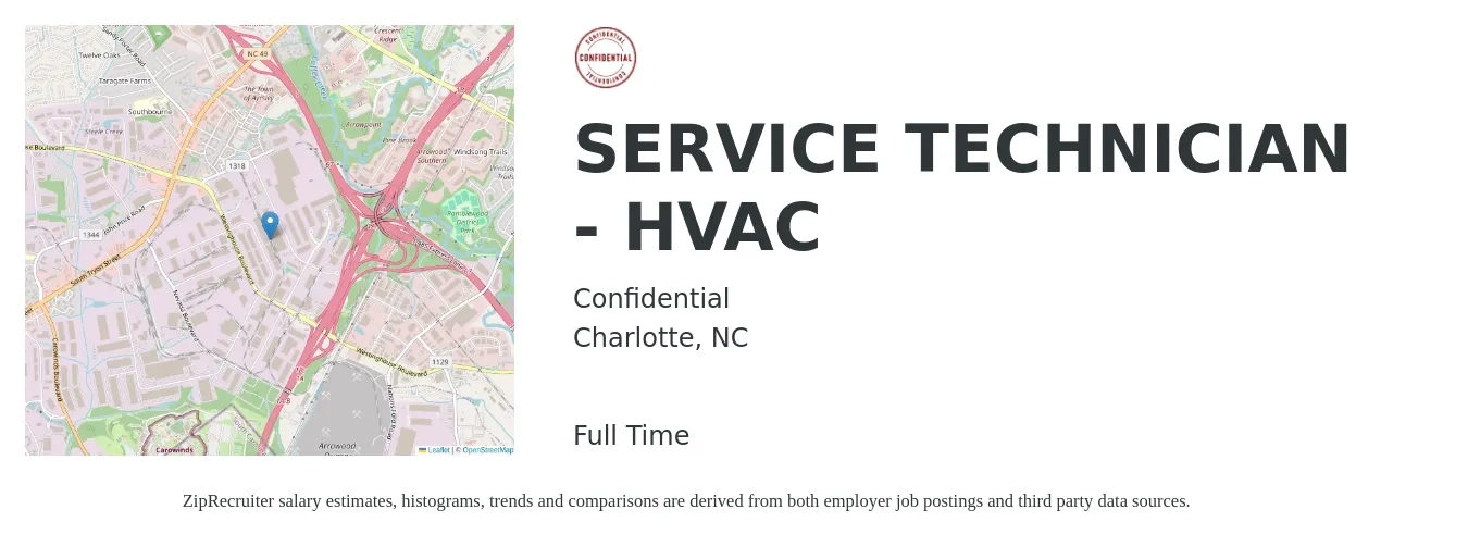 Confidential job posting for a SERVICE TECHNICIAN - HVAC in Charlotte, NC with a salary of $24 to $34 Hourly with a map of Charlotte location.