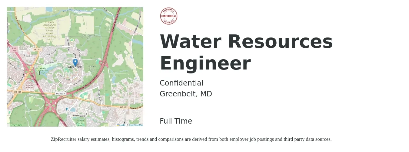 Confidential job posting for a Water Resources Engineer in Greenbelt, MD with a salary of $80,000 to $109,400 Yearly with a map of Greenbelt location.