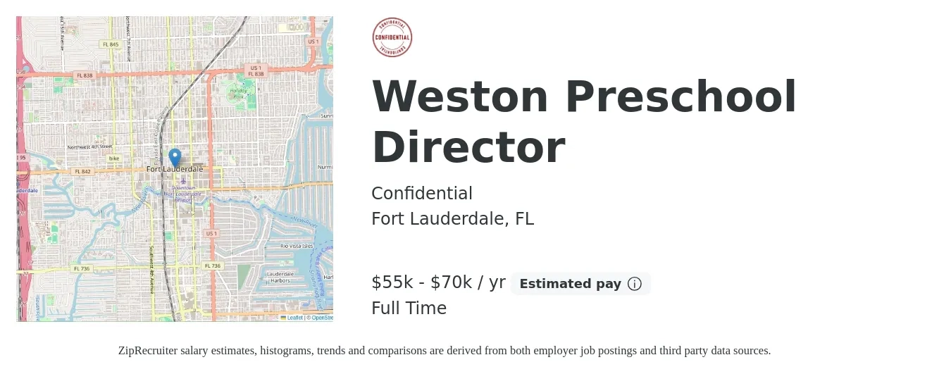 Confidential job posting for a Weston Preschool Director in Fort Lauderdale, FL with a salary of $55,000 to $70,000 Yearly with a map of Fort Lauderdale location.