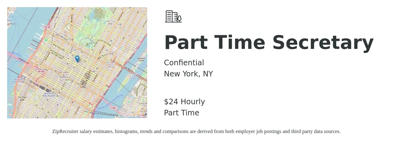Confiential job posting for a Part Time Secretary in New York, NY with a salary of $25 Hourly with a map of New York location.