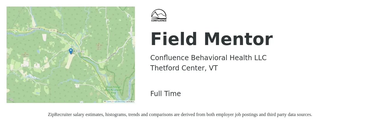 Confluence Behavioral Health LLC job posting for a Field Mentor in Thetford Center, VT with a salary of $46,300 Yearly with a map of Thetford Center location.