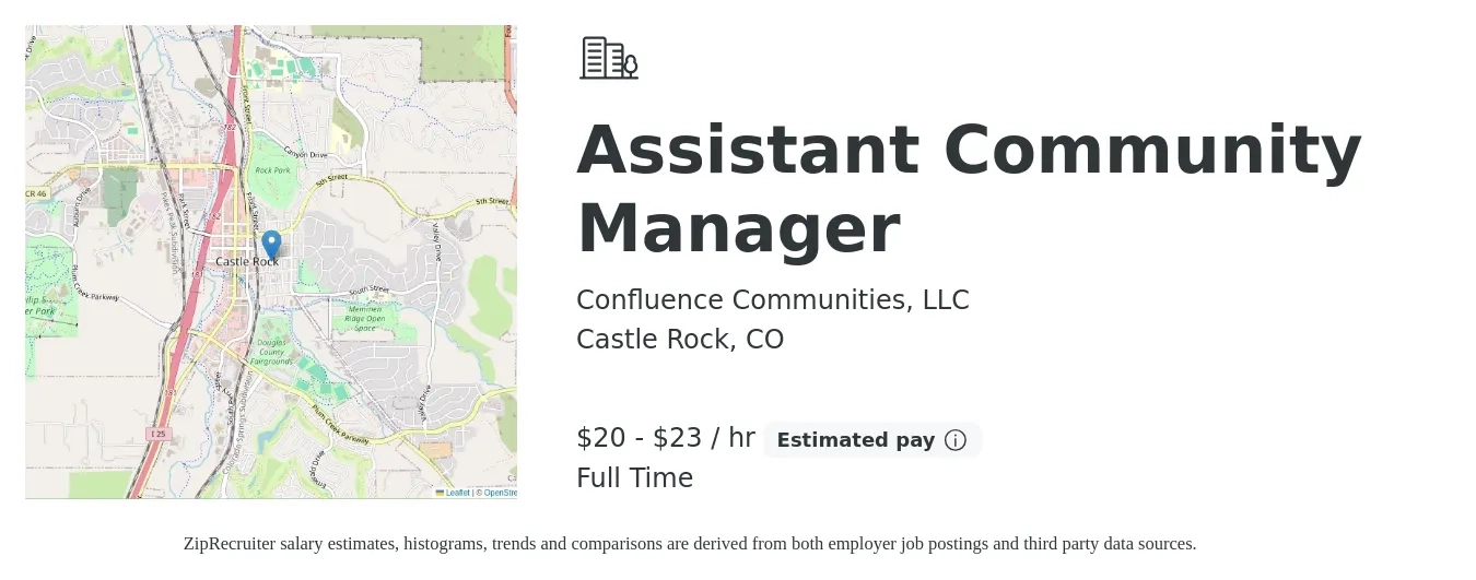 CONFLUENCE COMMUNITIES LLC job posting for a Assistant Community Manager in Castle Rock, CO with a salary of $20 to $24 Hourly with a map of Castle Rock location.