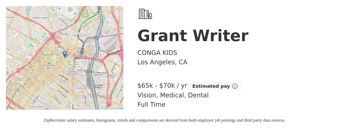 Conga Kids job posting for a Grant Writer in Los Angeles, CA with a salary of $65,000 to $70,000 Yearly and benefits including vision, dental, medical, and retirement with a map of Los Angeles location.