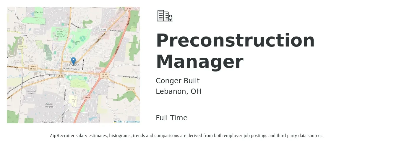 Conger Built job posting for a Preconstruction Manager in Lebanon, OH with a salary of $104,100 to $106,400 Yearly with a map of Lebanon location.
