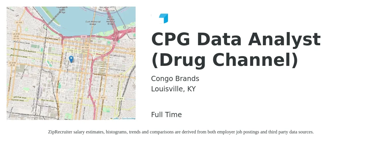 Congo Brands job posting for a CPG Data Analyst (Drug Channel) in Louisville, KY with a salary of $60,100 to $93,200 Yearly with a map of Louisville location.