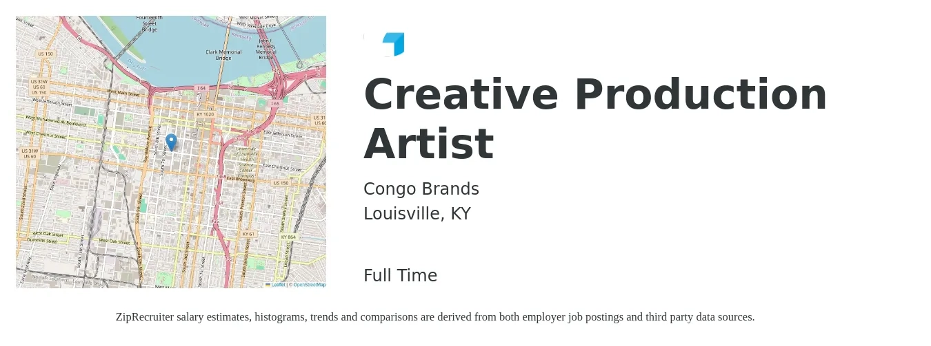 Congo Brands job posting for a Creative Production Artist in Louisville, KY with a salary of $18 to $28 Hourly with a map of Louisville location.