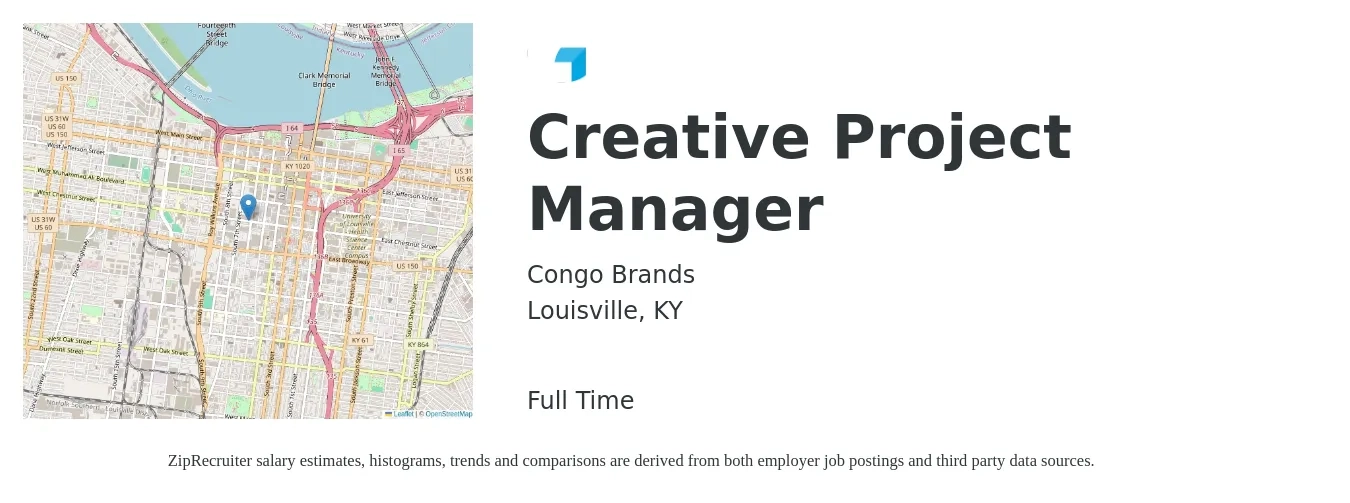Congo Brands job posting for a Creative Project Manager in Louisville, KY with a salary of $78,800 to $106,700 Yearly with a map of Louisville location.