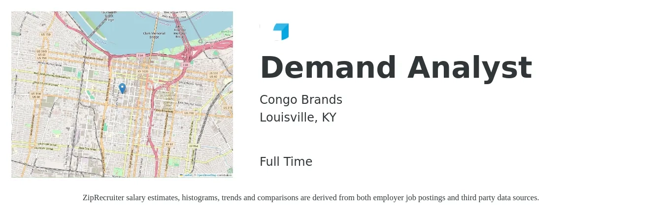 Congo Brands job posting for a Demand Analyst in Louisville, KY with a salary of $58,100 to $84,600 Yearly with a map of Louisville location.