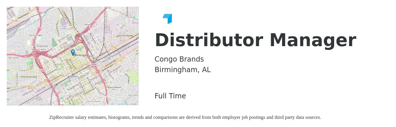 Congo Brands job posting for a Distributor Manager in Birmingham, AL with a salary of $51,500 to $60,900 Yearly with a map of Birmingham location.