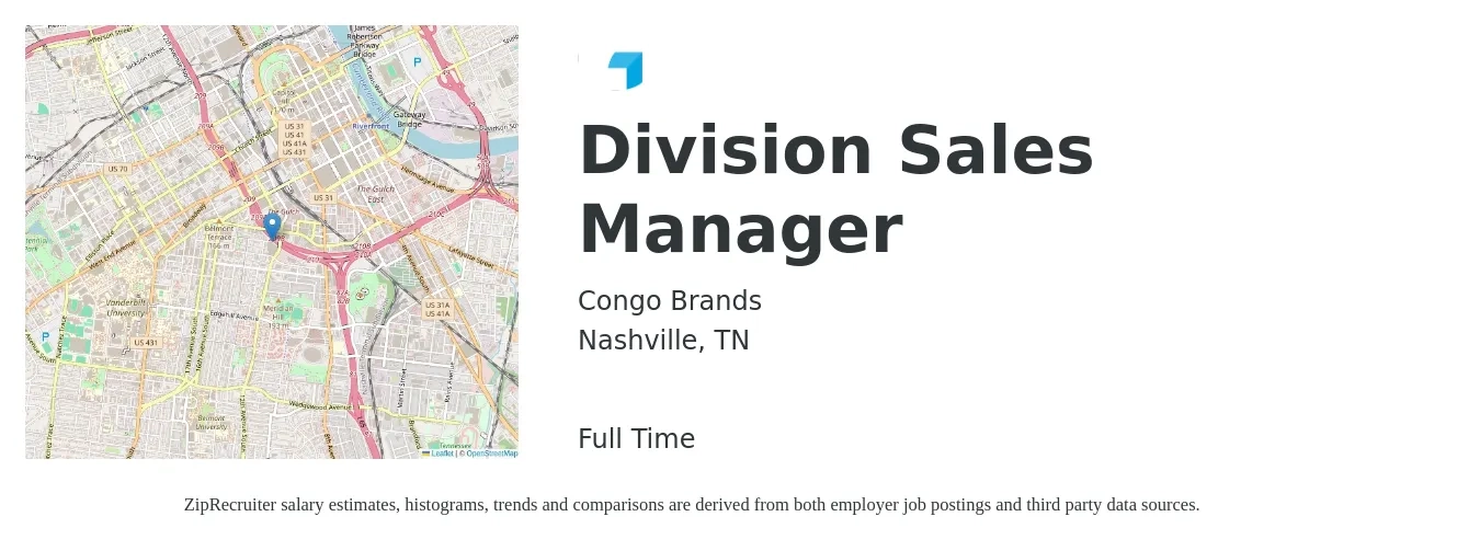Congo Brands job posting for a Division Sales Manager in Nashville, TN with a salary of $74,400 to $119,300 Yearly with a map of Nashville location.